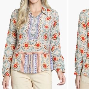 AP.NY Floral Print Roll Tab Sleeve Button-Up Shirt Sz L